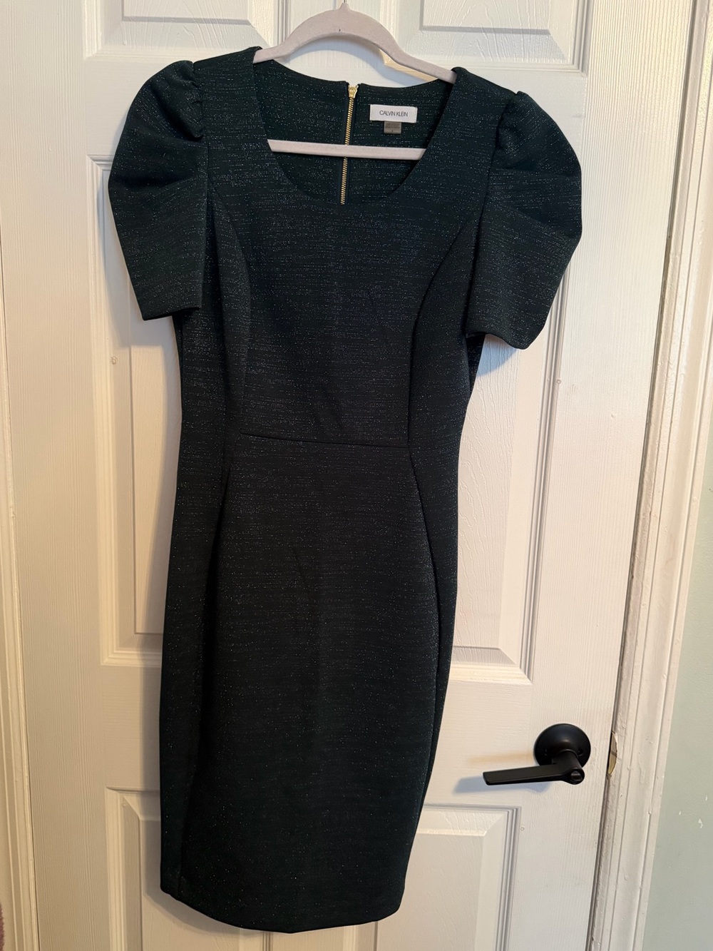 Calvin Klein Dark Green Sheath Dress with Puff Sleeves